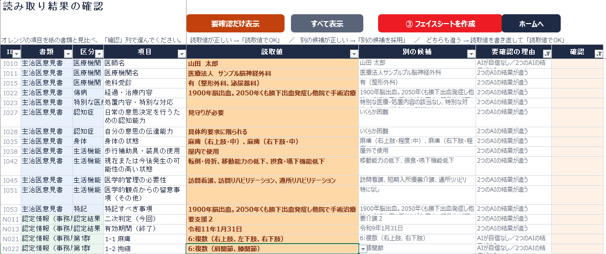 読み取り結果の確認画面。確認が必要な項目がオレンジ色で表示され、読取値・別の候補・要確認の理由が並ぶ
